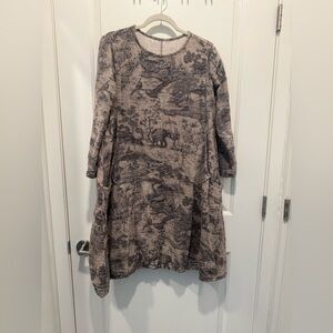 Women Brown Boho Japanese Printed Long Sleeve Loose Dress Size L